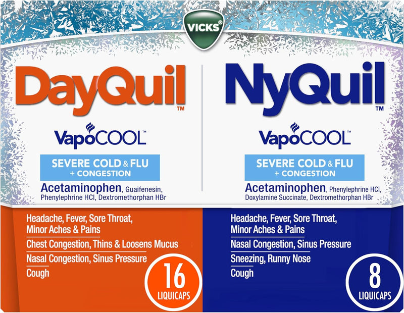 VICKS DayQuil & NyQuil SEVERE Co-Pack, Cold & Flu Medicine, Powerful Relief for Headache, Fever, Sore Throat, Minor Aches & Pains, Congestion, Sinus Pressure, Stuffy Nose, and Cough, 48 LiquiCaps