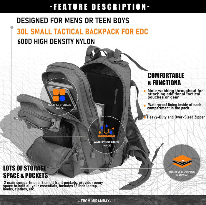 Small Tactical Backpack Military Daypack - 30L Backpack for Men Molle Assault Pack Bug Out Bag for Hiking Camping (Grey)