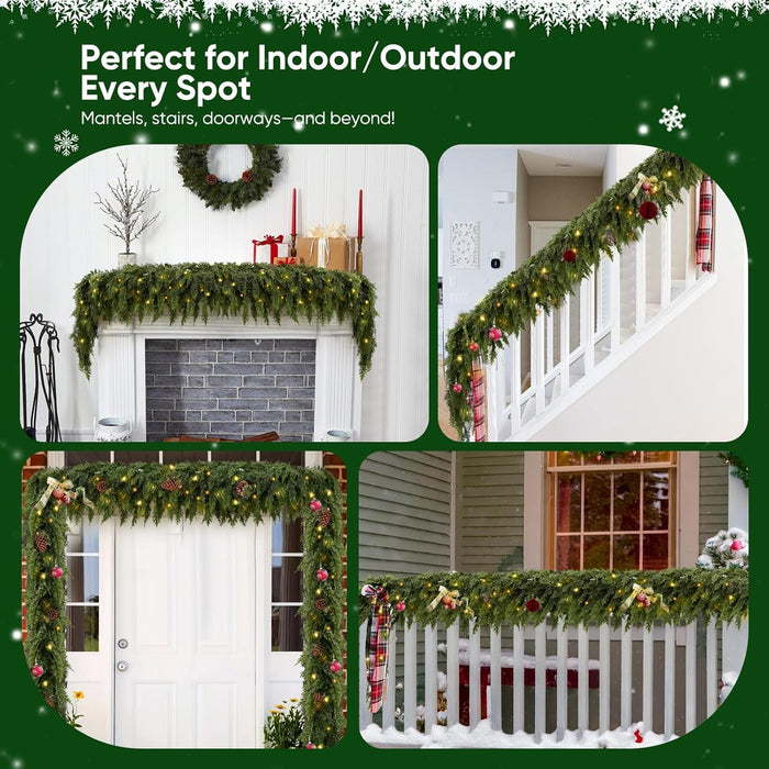 2PCS 9FT Pre-lit Christmas Cedar Garland with 100 Lights, Full 240 Pine Branches, Realistic Faux Garland Artificial Greenery for Fireplace Table Mantle Wall Indoor Outdoor Winter Holiday Decorations