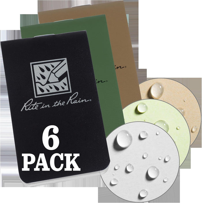 Rite in the Rain Weatherproof On The Go Wallet Notebook, 2" x 3.375", 2 Each Tan, Green, Black Cover, Blank Pages, 6 Pack (No. OTG-TACL)