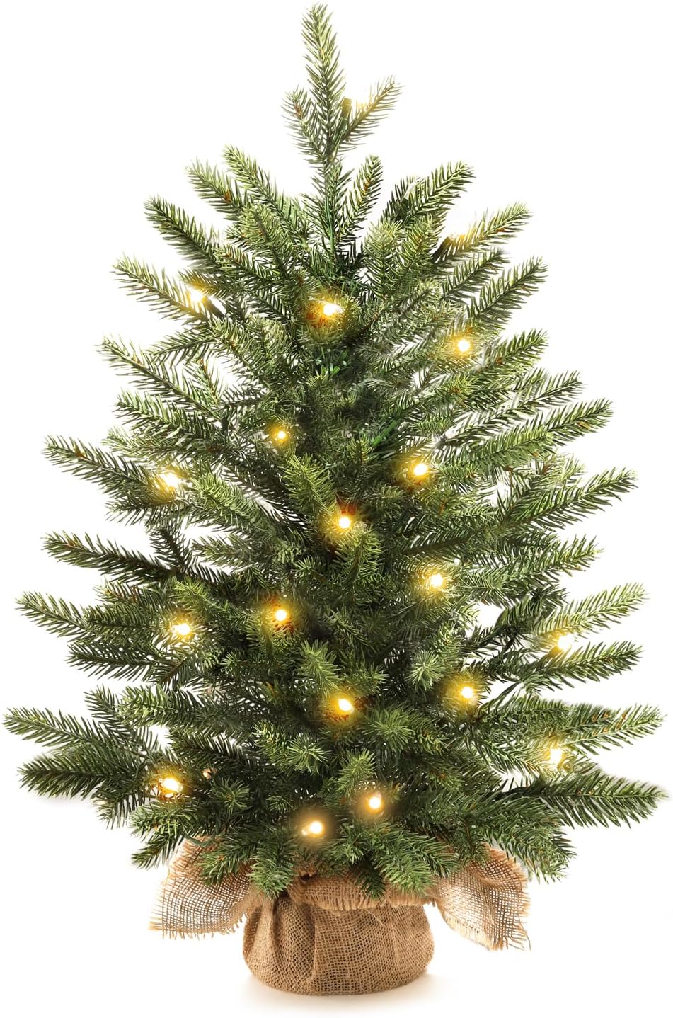 24" Mini Christmas Trees with Flocked Pine Needles, Pine Cones, Berries Decoration, 2 Ft Decorated Burlap Trees with 25 Led Lights, Kitchen Tabletop Artificial Pre Lit Christmas Tree