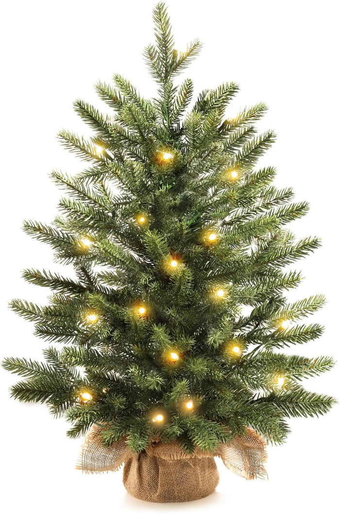 24" Mini Christmas Trees with Flocked Pine Needles, Pine Cones, Berries Decoration, 2 Ft Decorated Burlap Trees with 25 Led Lights, Kitchen Tabletop Artificial Pre Lit Christmas Tree
