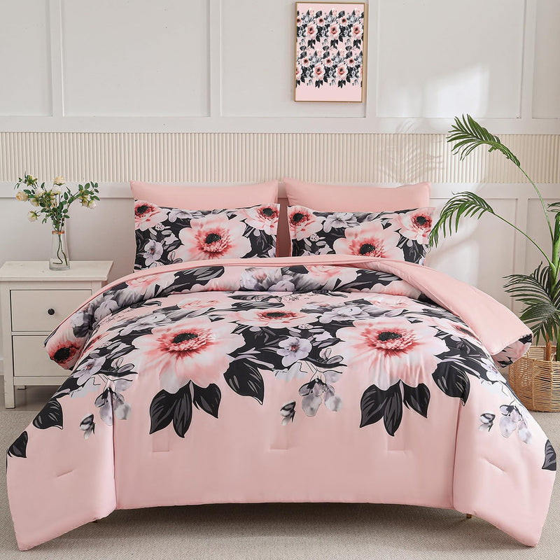 Yogeneg Queen Comforter Set 7 Piece Bed in a Bag,Elegant Floral Botanical Pattern Pink Bedding Set,Soft Microfiber Comforter with Sheet Set,All Season Bed Set(Blush Floral,Queen)