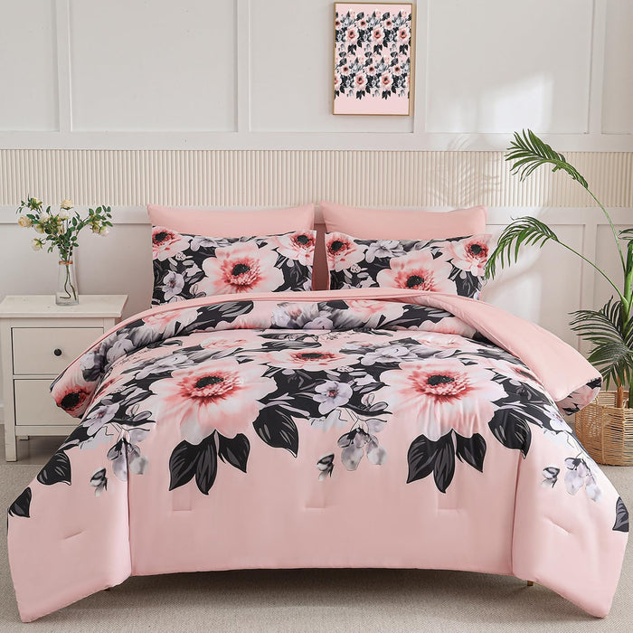 Yogeneg Queen Comforter Set 7 Piece Bed in a Bag,Elegant Floral Botanical Pattern Pink Bedding Set,Soft Microfiber Comforter with Sheet Set,All Season Bed Set(Blush Floral,Queen)