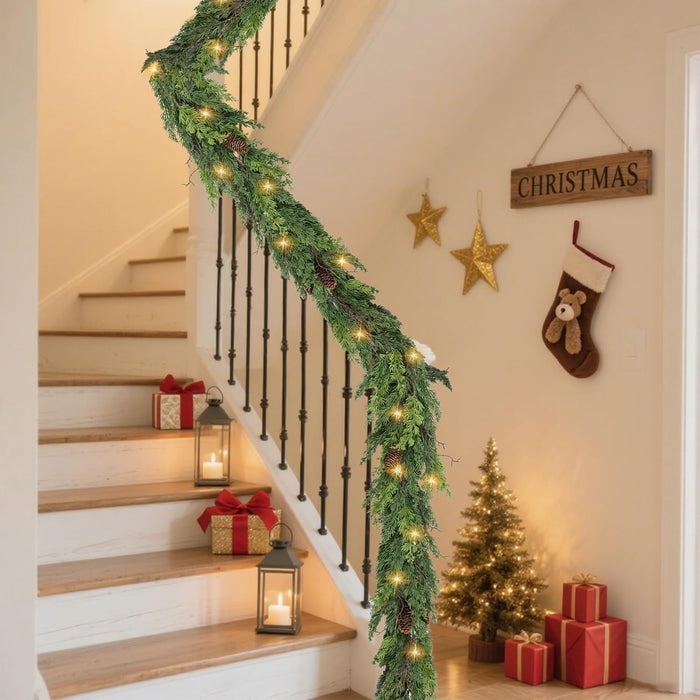 6ft Christmas Garland with LED Lights Artificial Cedar Cypress Garland with Pine Cones Garland for Home Fireplace Wall Indoor Outdoor Holiday Party Decoration