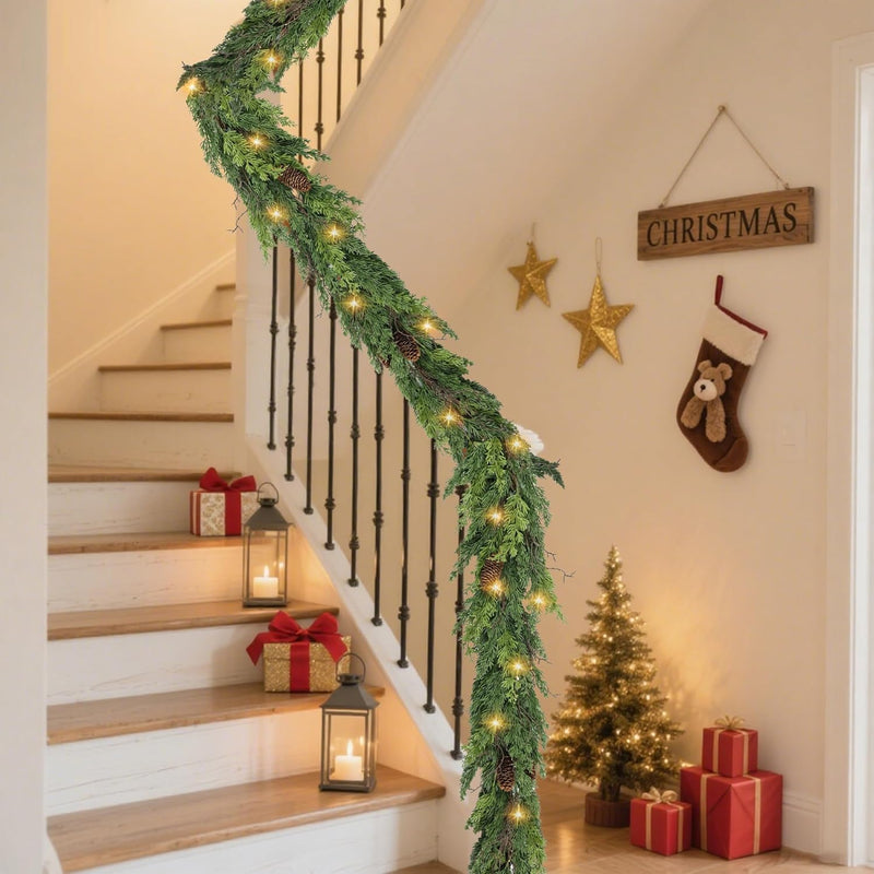 6ft Christmas Garland with LED Lights Artificial Cedar Cypress Garland with Pine Cones Garland for Home Fireplace Wall Indoor Outdoor Holiday Party Decoration