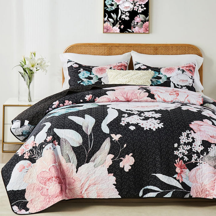Yogeneg King Size Quilt Set,White Gold Floral Botanical Pattern Black Bedding Set,3 Piece Lightweight Soft Summer Bedspread Coverlet with 2 PIillow Sham for All Season(Black Floral,110"x96")