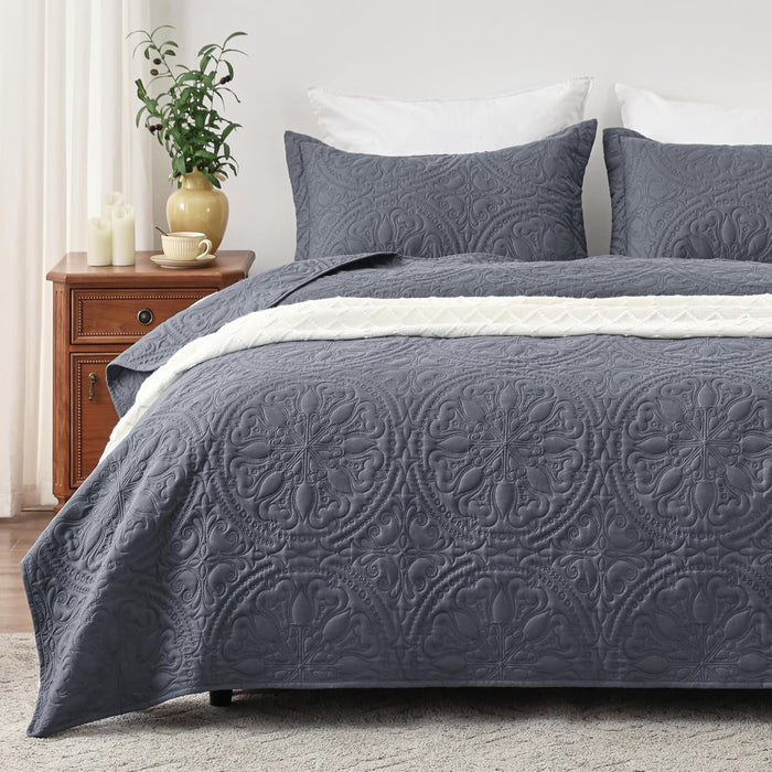 EXQ Home Quilt Set Full Queen Size Black Print 3 Piece,Lightweight Soft Coverlet Modern Style Sun Starry Pattern Bedspread Set(1 Quilt,2 Pillow Shams)