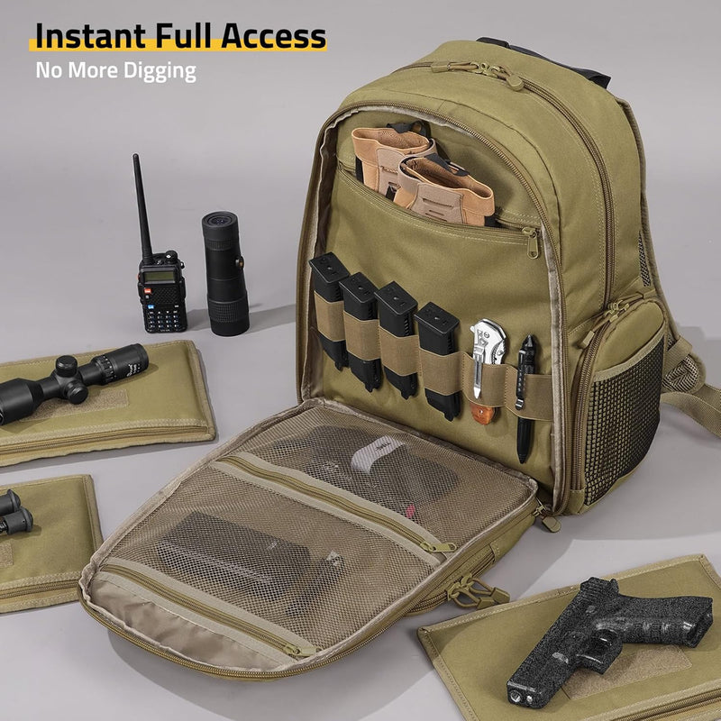 CVLIFE Tactical Range Backpack for Handguns, Shooting Backpack with Pistol Cases, Daypack with Removable Divider for Men (TAN, regular)