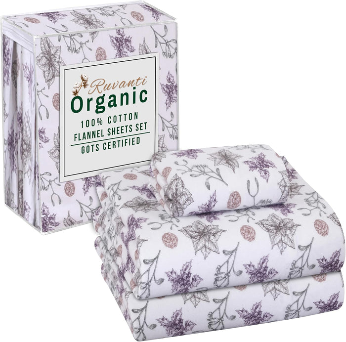 RUVANTI Flannel Sheets Full Size - GOTS Certified 100% Organic Cotton, 4 Piece Warm, Soft & Breathable Set, Deep Pocket Snug Fit, Double Brushed Cozy All Season Bedding, Reindeer Rush