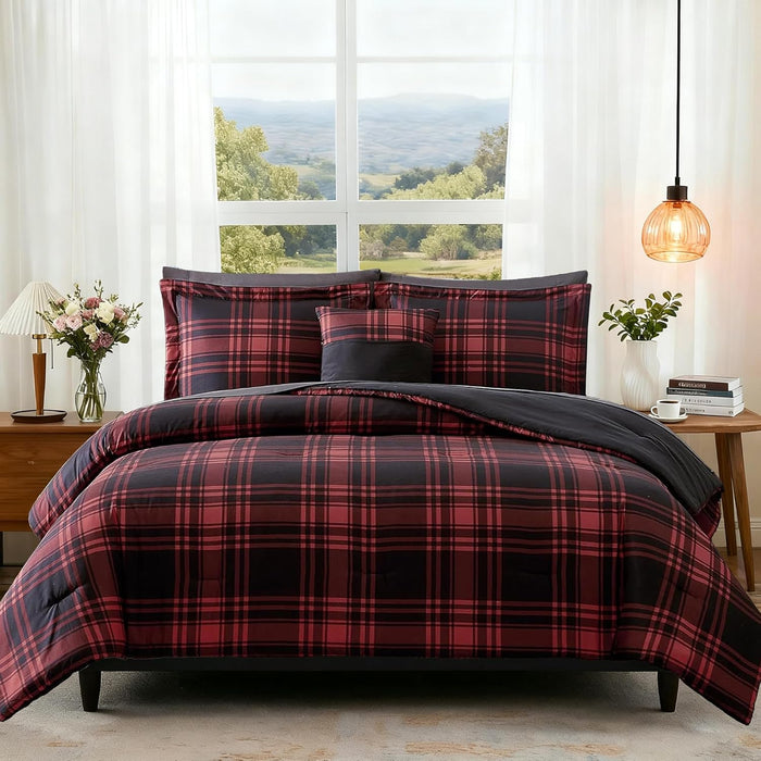 MaiRêve Full Size Comforter Set Navy Blue, Plaid Design Comforter Set 7 Pieces, All Season Comfortable Bedding Sets Full, Lightweight, Soft and Warm (Navy Blue, Full)