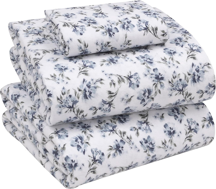 RUVANTI Flannel Sheets Full Size - 100% Cotton Double Brushed Bed Sheets Set, Deep Pockets 16 Inches, All Seasons Breathable & Extra Soft Full Sheets, Warm & Cozy, 4 Piece, Jasmine Stamp Cream