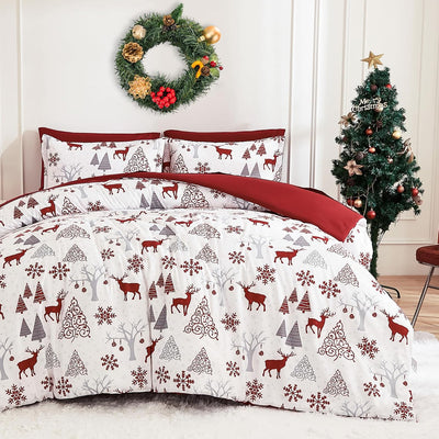Christmas Queen Comforter Set 7 Pieces, Red Christmas Deer Pattern Bed in a Bag, Soft Reversible Bedding Set Xmas Holiday Decor 90"x90"