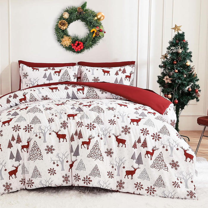 Christmas Queen Comforter Set 7 Pieces, Red Christmas Deer Pattern Bed in a Bag, Soft Reversible Bedding Set Xmas Holiday Decor 90"x90"
