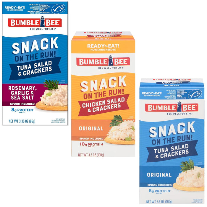 Bumble Bee Snack on the Run Variety Trio (3 Total Kits) - Original Tuna Salad, Rosemary Garlic & Sea Salt Tuna Salad, and Classic Chicken Salad with Crackers - Ready to Eat Protein Snacks