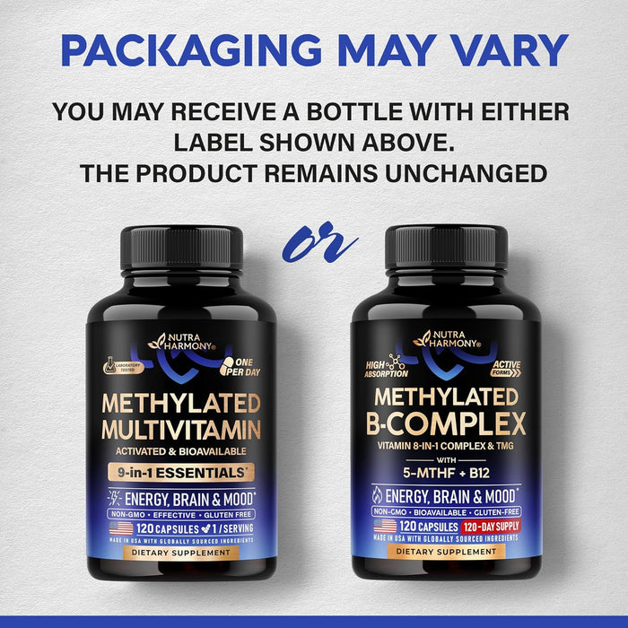 Vitamin B Complex Methylated - B-Complex with Methylfolate & B12 - Bioavailable for Men & Women - 9-in-1 Methylated Multivitamin - Energy, Brain & Mood - Vegan - Made in USA - 120 Capsules, One/Day