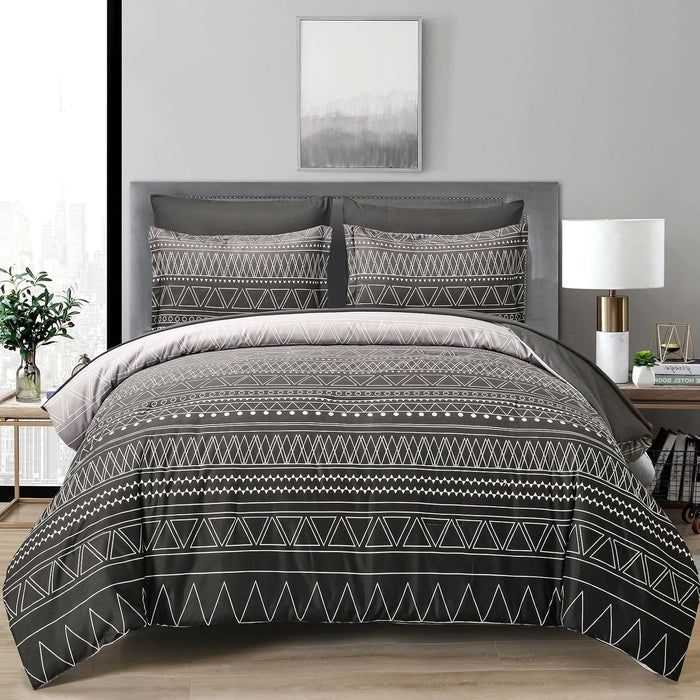 WONGS BEDDING Boho Comforter Set King Size,7 Pieces Grey White Geometric Bohemian Bed in a Bag Comforter Complete Striped Bedding Set for All Season with Sheets,Pillowcases & Shams Soft Microfiber