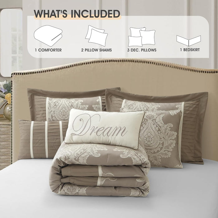 Beige California King Comforter Set 7 Pieces, Jacquard Woven with Damask, Bedding Set in a Bag Includes Comforter, Bed Skirt, Pillow Shams, and Decorative Pillows