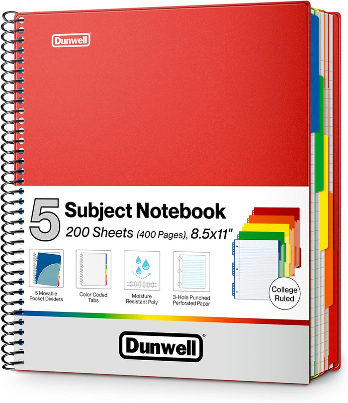 Dunwell 5-Subject Notebook, College Ruled, Colorful Movable Pocket Dividers with Tabs, Front/Back Plastic Covers, 200 Sheets (400 Pages) of 3-Hole Punch Perforated 8.5x11 Paper