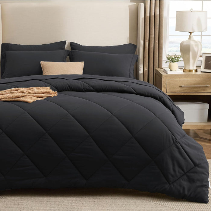 Bedsure 7 Pieces Queen Comforter Set Premium Series, Hotel Luxury Soft Bed in a Bag, Goose Down Alternative, Safe for Sensitive Skin Bedding Comforter All Season Medium Warmth, Black Queen Size,