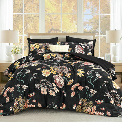 Yiran Black Red Fall Floral Comforter Set Queen Size, 7 Piece Comforter Bedding Set, Botanical Bed in a Bag, Soft Microfiber Complete Bedding Set with Sheets for All Season