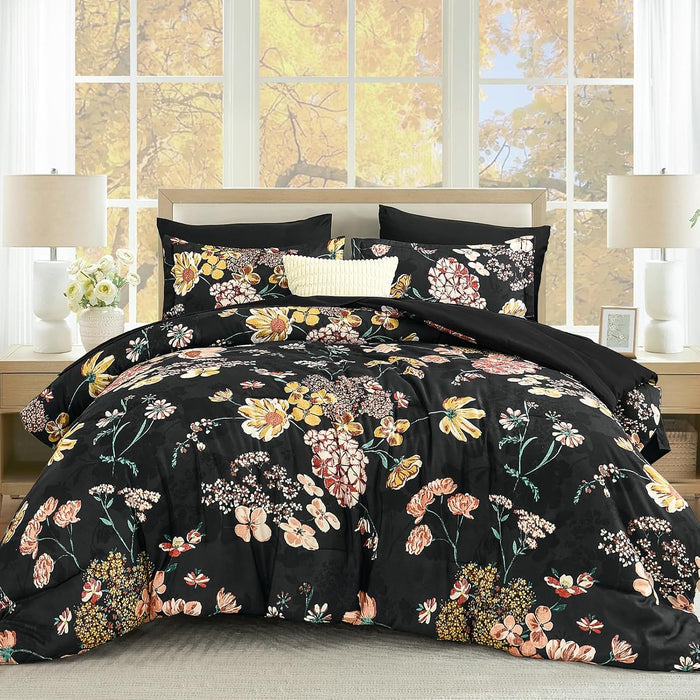 Yiran Black Red Fall Floral Comforter Set Queen Size, 7 Piece Comforter Bedding Set, Botanical Bed in a Bag, Soft Microfiber Complete Bedding Set with Sheets for All Season
