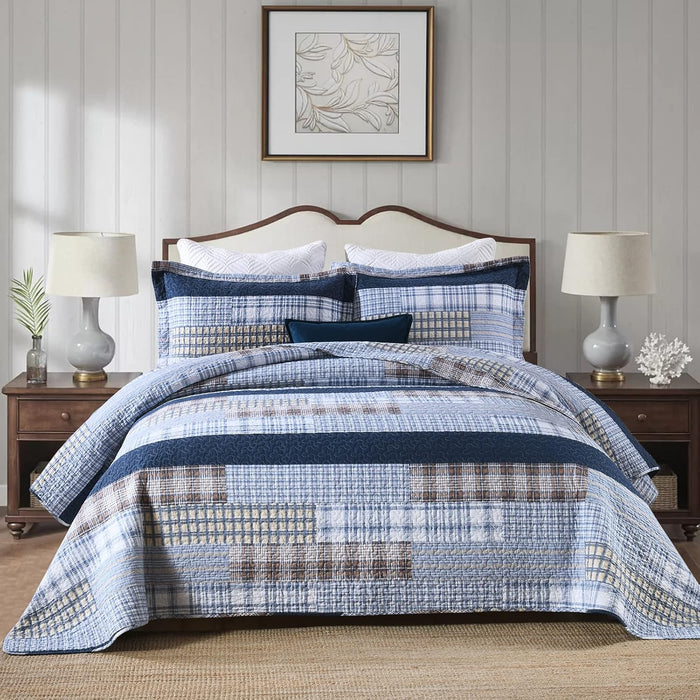 PANGUSHAN 100% Cotton Quilt Set King Size, Patchwork King Quilt Bedding Set Bedspreads, Farmhouse Lightweight Comforter Reversible Quilt, White/Brown/Grey Bed Spread for All Season, 3 Pieces