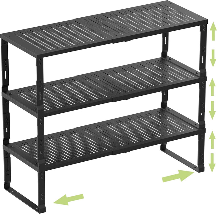 Heavy-Duty Adjustable Metal Shelf Organizer - Expandable & Stackable Pantry Storage Rack for Kitchen, Bathroom, RV, Cabinets(3 Packs/White,Medium)