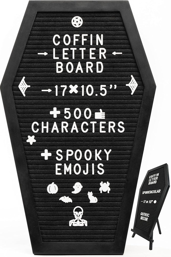 Coffin Letter Board Black +3D Bat Stickers +650 Characters, Spooky & Seasonal Emojis, Wooden Stand - 17x10.5 Inches - Coffin Shaped Goth Decor Sign Witchy Halloween Decorations Gothic Decor Birthday Wedding Home Spooky Gifts