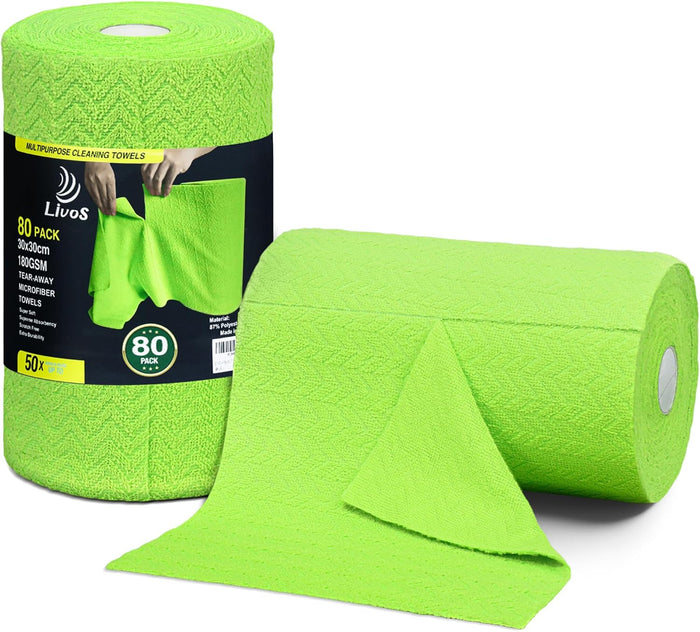 LIVOS Microfiber Cleaning Cloth Roll - 80 Pack, Reusable Paper Towels, Microfiber Towels for Cars, Super Absorbent Lint Free Cleaning Rags for House, Kitchen, Window-Light Purple, 11.5"x11.5"