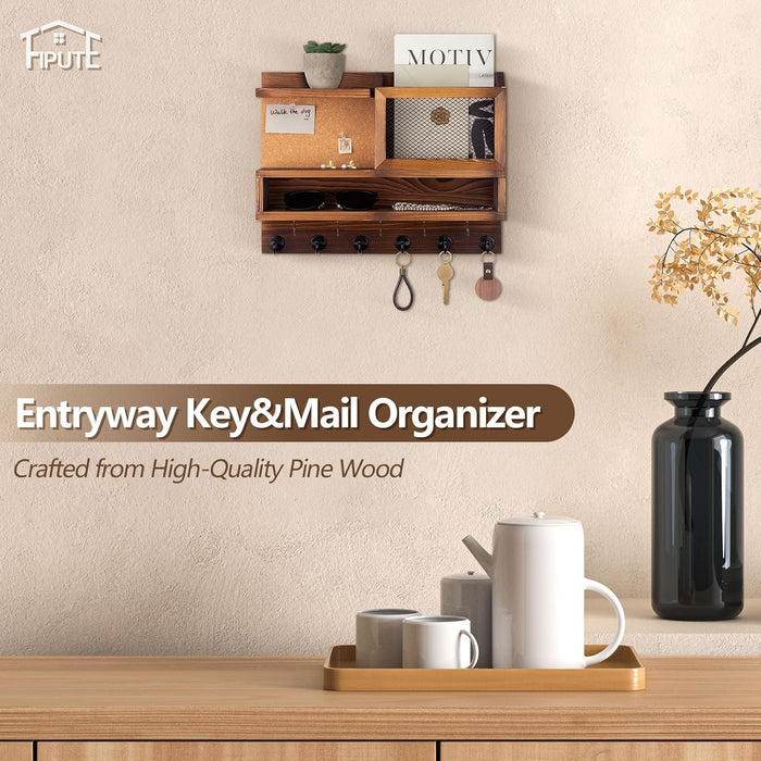 Key Holder for Wall with Mail Organizer,Farmhouse Mail and Key Holder for Wall,Key Hanger with ‌Metal 11 Hooks,Corkboard,and Shelf,Decorative Natural Pine Wood Entryway Organizer,14.6*11.1*3.3”,Brown