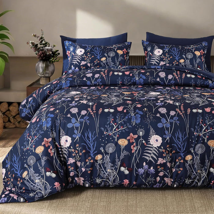 Yiran King Size Comforter Set 7 Pieces, Peacock Blue Botanical Floral Winter Comforter Bedding Set, Bed in a Bag King, Soft Microfiber Complete Bedding Set with Sheets for All Season