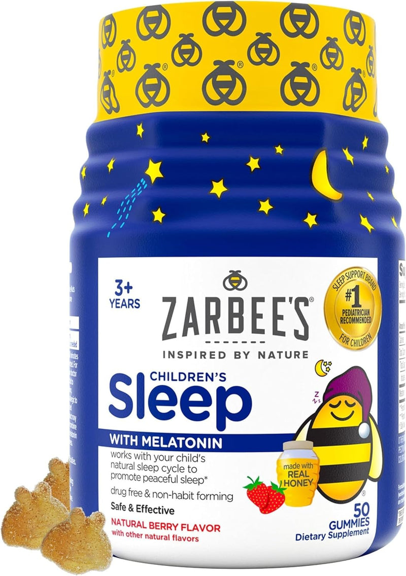 Zarbee's Kids Children’s Sleep Gummies with Melatonin Supplement, Drug-Free Non-Habit Forming, Works with Natural Rest Cycles, Natural Strawberry, Ages 3+, 60 Gummies