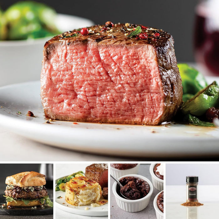Omaha Steaks Deluxe Gift Package (4 Bacon-Wrapped Filet Mignons, 4 Steak Burgers, 4 Gourmet Jumbo Franks, 4 Au Gratin Potatoes, 4 Caramel Apple Tartlets, 1 jar Omaha Steaks Seasoning)