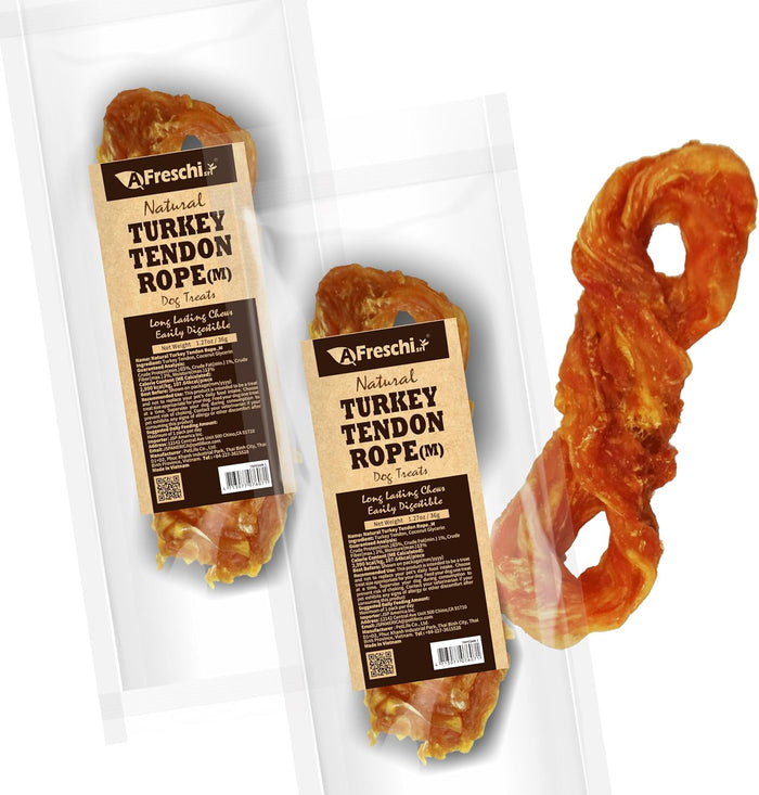 AFreschi Turkey Tendons for Dogs, USA-Sourced, Healthy Dog Treats, Rawhide-Free Puppy Chews, Long Lasting, All Natural, Hypoallergenic Dog Treats for Medium Breeds, 20 Count Box Ring (M)