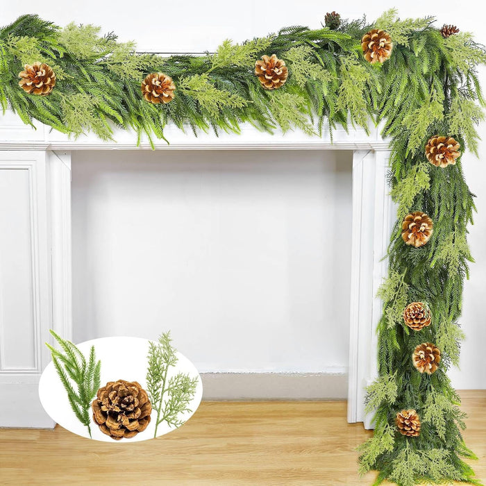 6FT Christmas Norfolk Pine Garland, Real Touch Greenery Cypress Garland with 80 Norfolk & 20 Cypress Leaves 8 Pinecones for Xmas Decorations Outdoor Table Fireplace Holiday Home