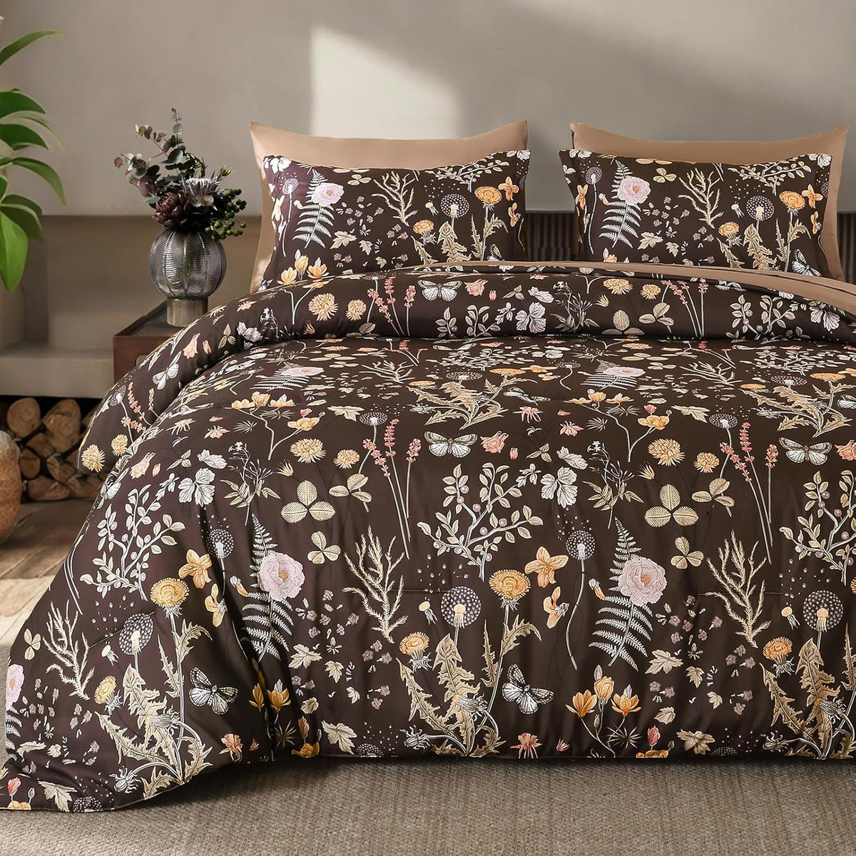 Yiran King Size Comforter Set 7 Piece, Dark Green Floral Bedding Set, Bed in a Bag King with Botanical Flowers Pattern, Soft Microfiber Complete Bedding Set with Sheets for All Season
