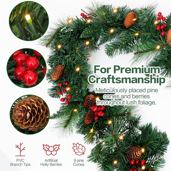9ft Pre-Lit Artificial Christmas Garland,Christmas Tree Garland,Xma Tree Garland with Lights,Decorated with Pine Cones, Berry Clusters, Plug in, Christmas Collection,