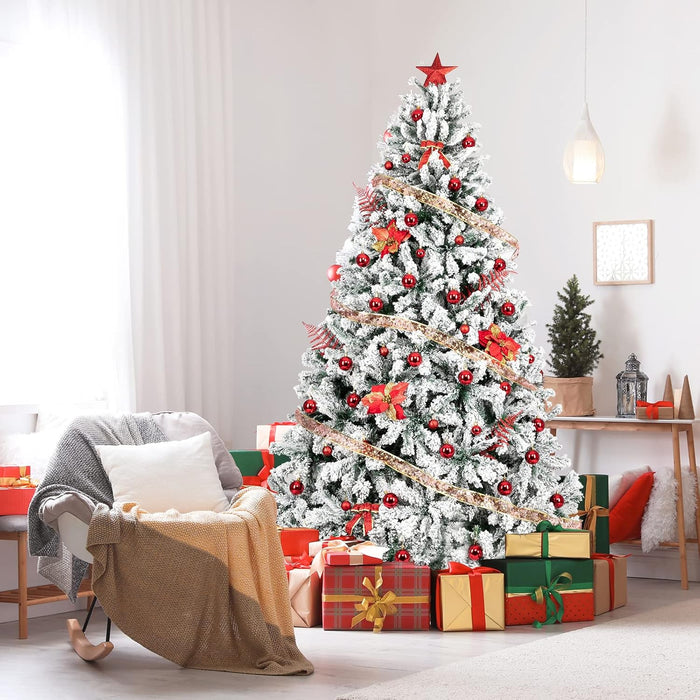 Bonnlo 7.5 ft Unlit Snow Flocked Hinged Artificial Christmas Pine Tree Full 1450 Tips Branch w/Sturdy Metal Stand for Holiday Xmas Indoor and Outdoor Decoration
