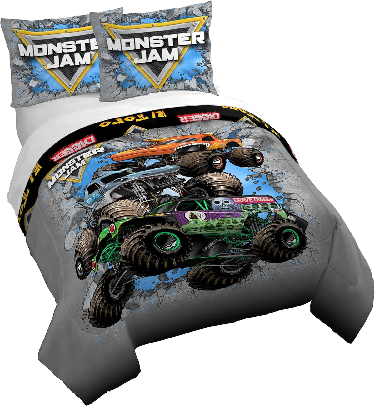 Jay Franco Duvet Cover Set – 2 Piece Comforter Cover and Sham Set, Super Soft Cozy Kids Bedding (Insert Not Included) Grey - Monster Jam, Twin