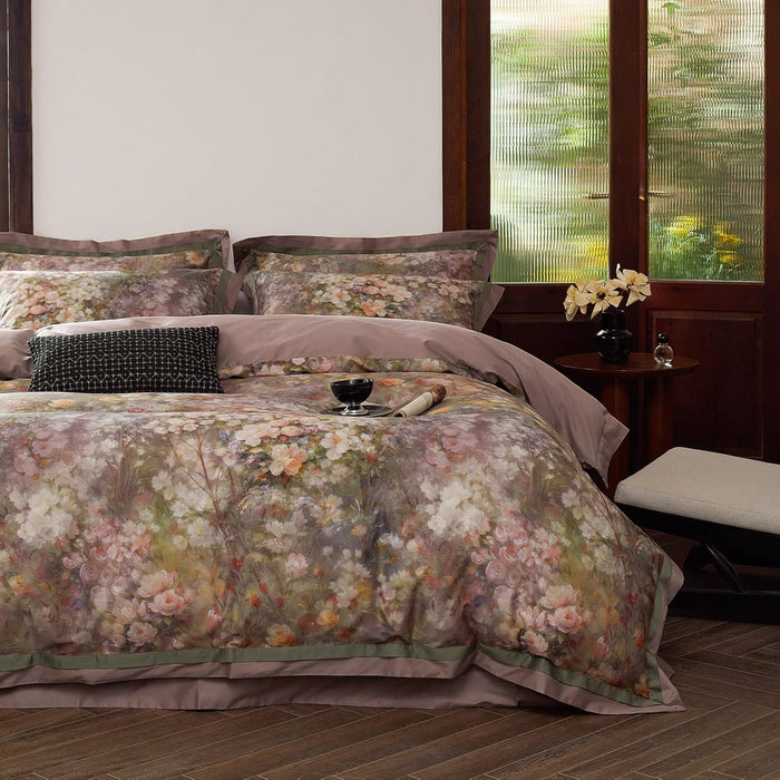 VM VOUGEMARKET Green Duvet Cover Set Full,Lily Flower Jacquard Duvet Cover with 2 Pillowcases 3Pcs Yarn-Dyed Linen Cotton Green Purple Bedding Set for Teens Girls Without Comforter-80 x90