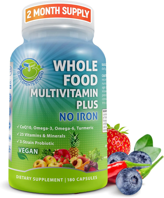 Vegan Whole Food Daily Multivitamin with Iron, Methylated Multivitamin for Women and Men, Made with Fruits & Vegetables, B-Complex, Probiotics, Enzymes, CoQ10, Omegas, Turmeric, Non-GMO, 180 Count