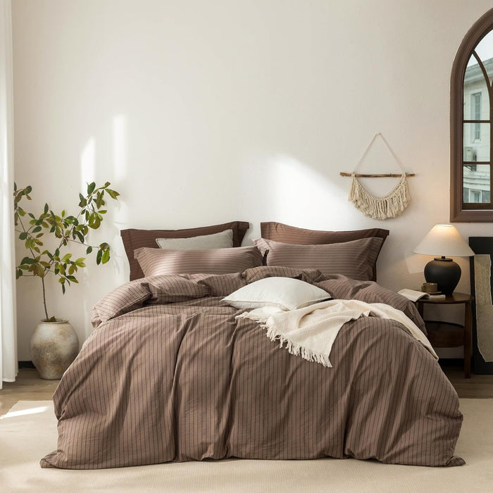 Stripe Duvet Cover Super King Plus Size 120inch x 120inch, 100% Washed Cotton Linen Feel Duvet Cover with Zipper Closure and 2 Pillowcases, Color of White-Dark Grey Stripe