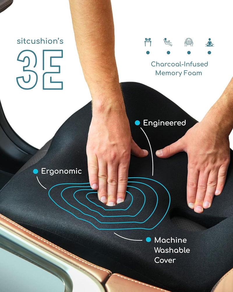 SitCushion Car Seat Cushion for Long Driving, Extra Large Memory Foam Seat Cushion for Sciatica Pain Relief, Car Essentials Orthopedic Pillow for Back Support, Tailbone Pain Relief Cushion (Black)