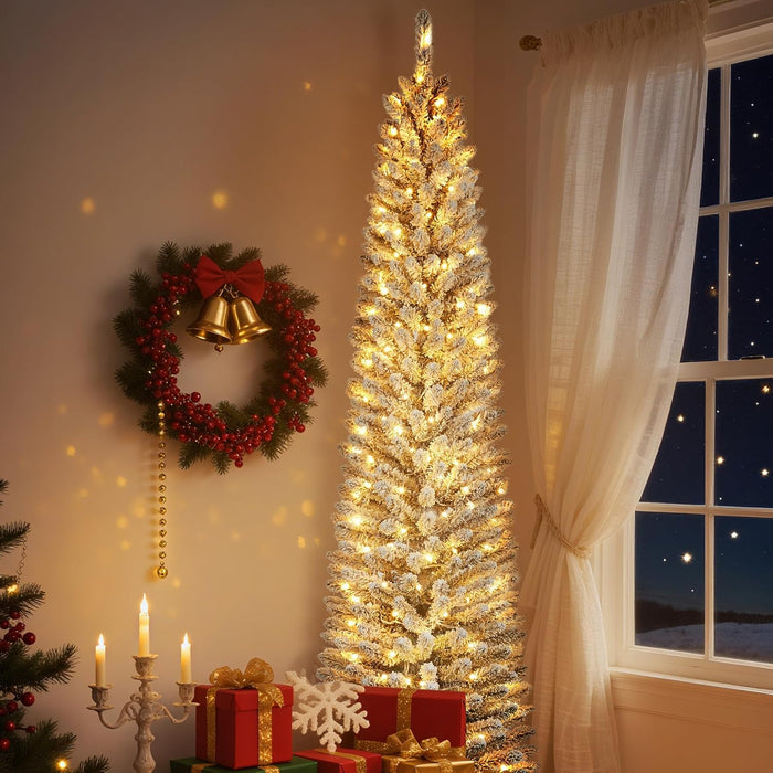 7.5ft Prelit Flocked Pencil Christmas Tree with Lights, Slim Artificial Xmas Tree with Snowy Branch Tips & Sturdy Metal Stand for Indoor Holiday or Party Decor