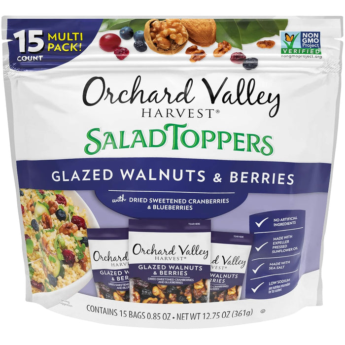 Orchard Valley Harvest Glazed Pecans Salad Toppers, 0.85 Ounce Bags (Pack of 15), with Cranberries and Pepitas, Non-GMO, No Artificial Ingredients, Healthy Snacks for Adults