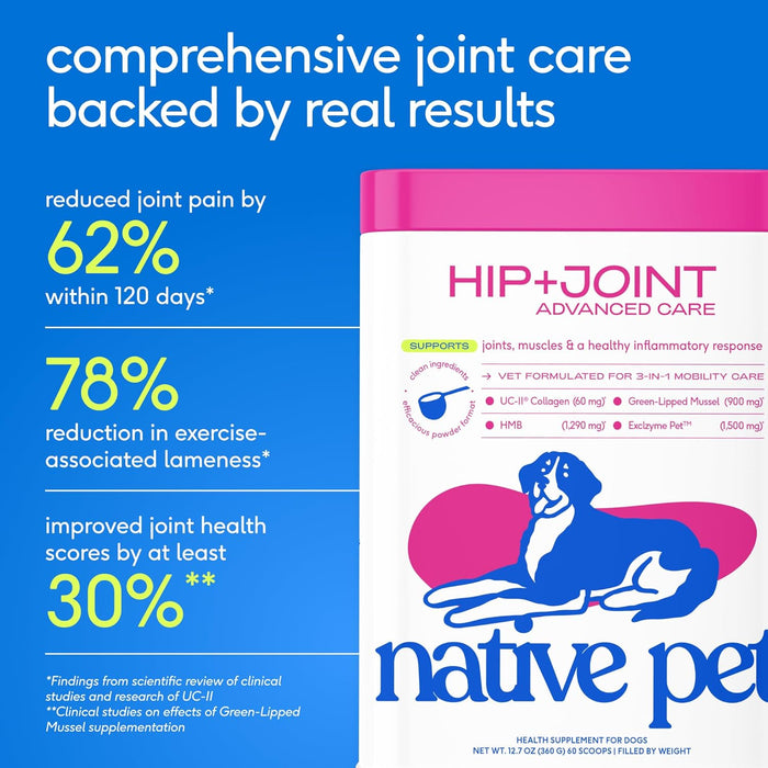 Native Pet Advanced Care - Hip & Joint Supplement for Dogs - Supports Joints, Cartilage, Muscles & Anti-Inflammatory with HMB, UC-II Collagen, Green Lipped Mussel & Hyaluronic Acid - 30 Scoops