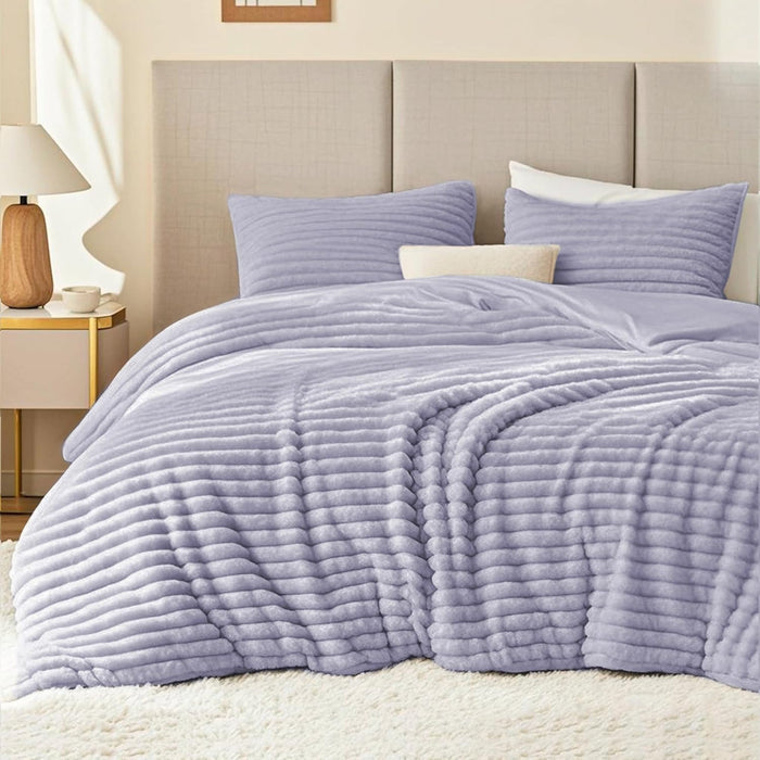 EXQ Home Fluffy Comforter Set Queen Size - Super Soft Faux Fur Stripe Jacquard Comforter 3 Pieces, Black Fleece Bedding Set,Winter Warm Bed Set,1 Comforter with 2 Pillowcases