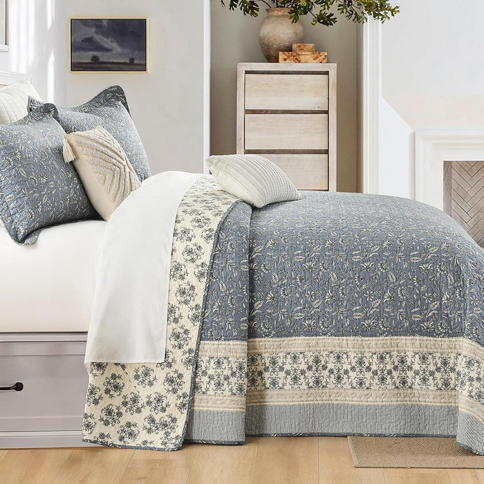 100% Cotton Oversized Quilt 120"x120", Extra Large King Bedspread, Farmhouse Botanical Bed Spreads Coverlet, Lightweight Quilted Bedding Cover, 3 Piece, Grayish Blue/Beige