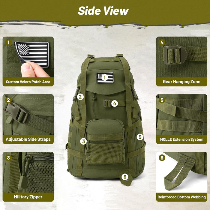 50L Tactical Backpack for Men and Women, Water-Resistant Molle Rucksack, Large Military Assault Pack for Hiking, Hunting, Camping, Gym & Outdoor Survival Green